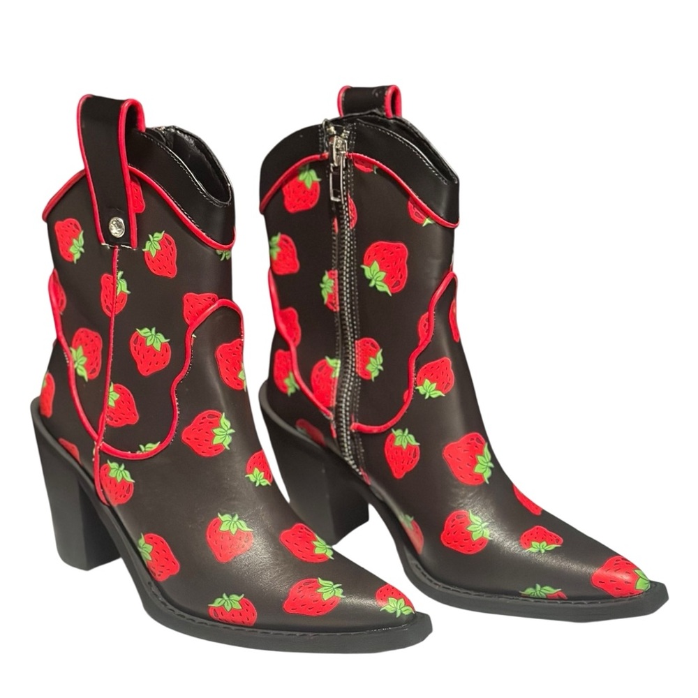 Dolls Kill New Strawberry Print Black Ankle Boots Size 8